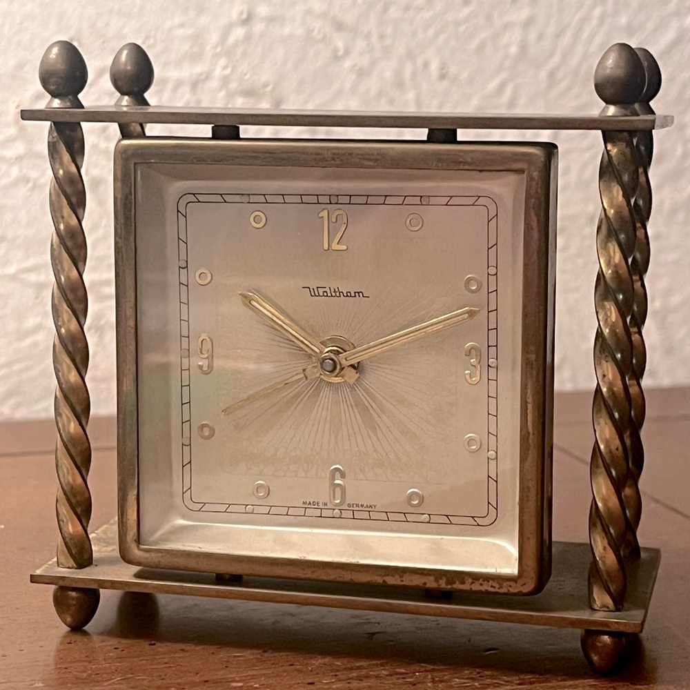 Vintage Waltham Brass Wind-Up Desk Alarm Clock Made In Germany WORKS
